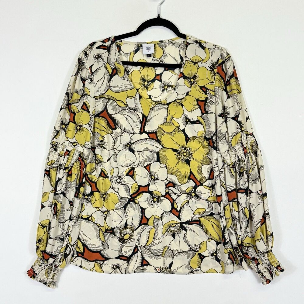 CAbi Yellow, White & Brown Floral Long-Sleeve Blouse